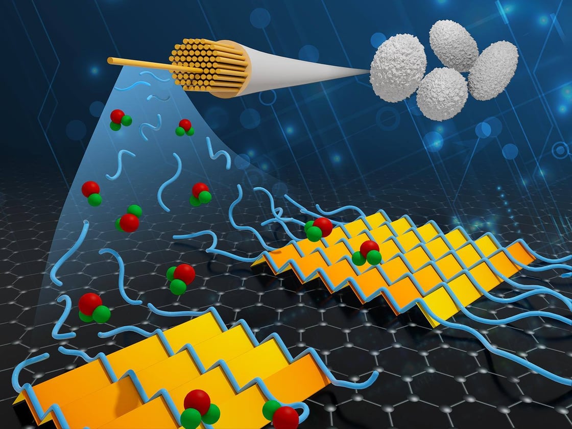 An illustration of how ultra-thin layers on silk can be deposited on a graphene surface.
