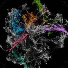 Abstract digital artwork featuring multiple intertwined, colorful threads against a black background, creating a dynamic and complex visual texture.