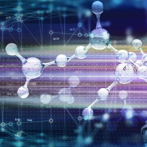 Artist's render of computational chemistry, showing orbs connected to each other.
