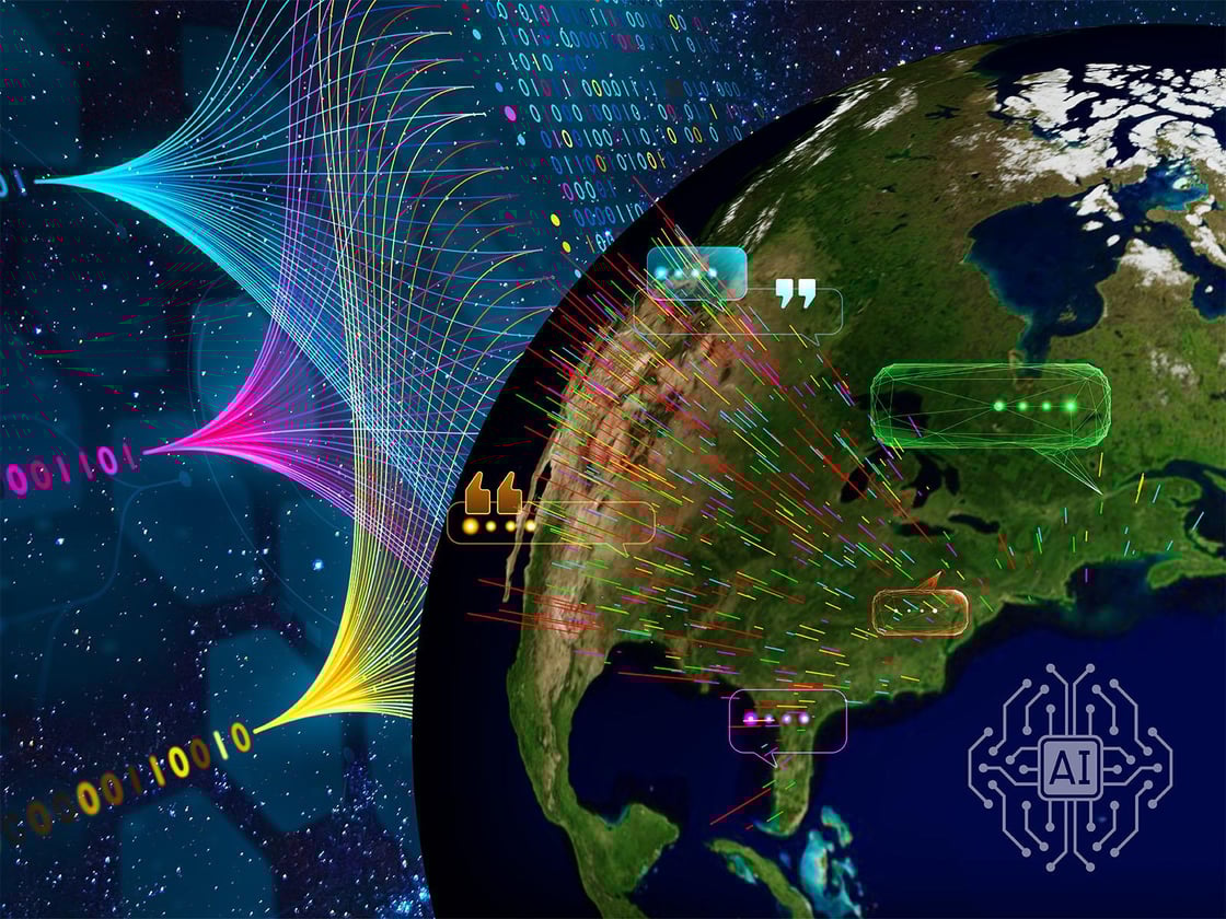 Graphic showing Earth surrounded by lines that indicate data about the power grid