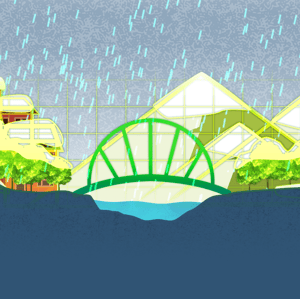Digital illustration of rain falling over a river with a bridge crossing it and houses, trees, and mountains behind it.
