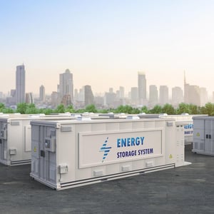 Battery energy storage systems in foreground with cityscape in the background.