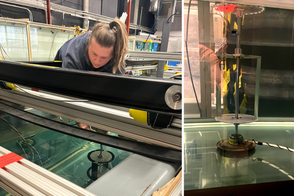 Isabella Pestovski from the University of Washington places a model of a marine mammal in the flume during initial experiments. (Photograph by Molly Grear | Pacific Northwest National Laboratory)