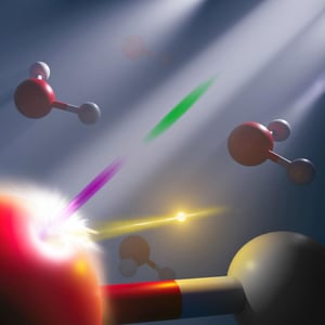 Graphic showing a synchronized attosecond X-ray pulse pair from an X-ray free electron laser that scientists used to study the energetic response of electrons in liquid water on attosecond timescale. The hydrogen and oxygen atoms are shown “frozen” in time.