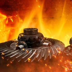 A metal mechanical device experiencing extreme heat and flame