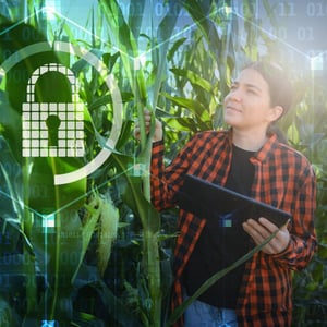 Image of a woman monitoring crop health with a smart device, superimposed with an icon of a lock, and 1s and 0s.