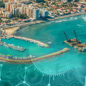 Photo of a dock, superimposed on top of a digital background.