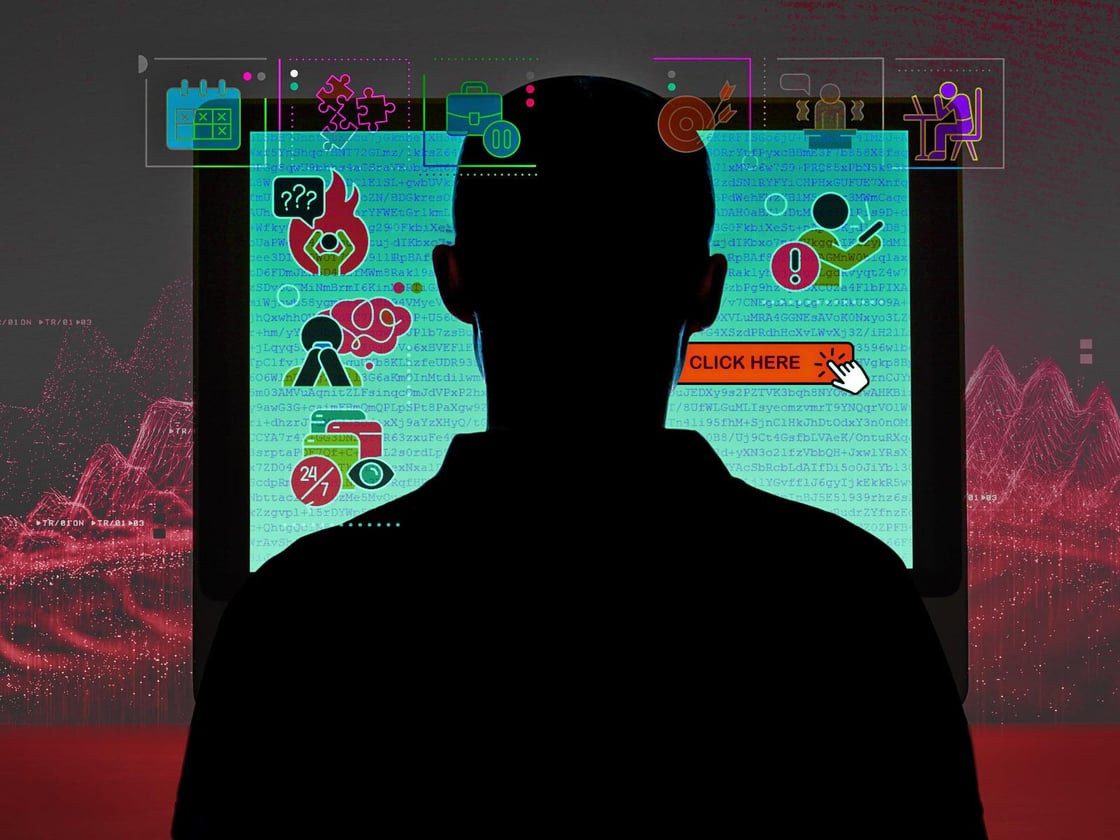 Illustration depicting a person in front of a screen being confronted with phishing emails