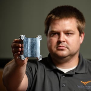 Alt text: Photograph shows Bruce Pierson holding a baseball-sized metal cube that launched into space aboard the Polaris Dawn mission.