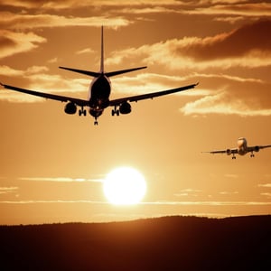 Photo of two airplanes flying in the sky during sunset