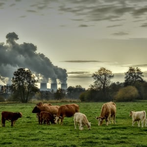Photo of a small group of cows resting and foraging in a field. Just beyond them, a power plant looms on the horizon, its emissions billowing into Earth's atmosphere.